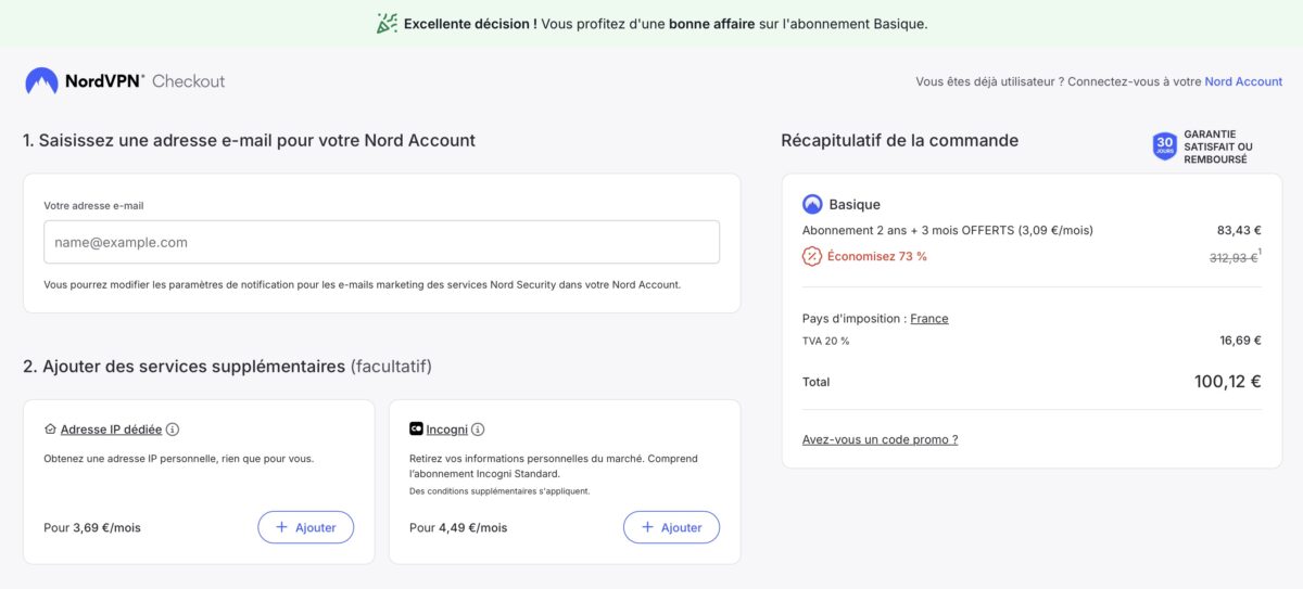 panier NordVPN offre 2 ans avec 73% de réduction