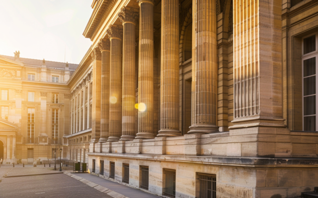 Façade d'un bâtiment institutionnel français au coucher du soleil illustrant le débat parlementaire sur les casinos en ligne