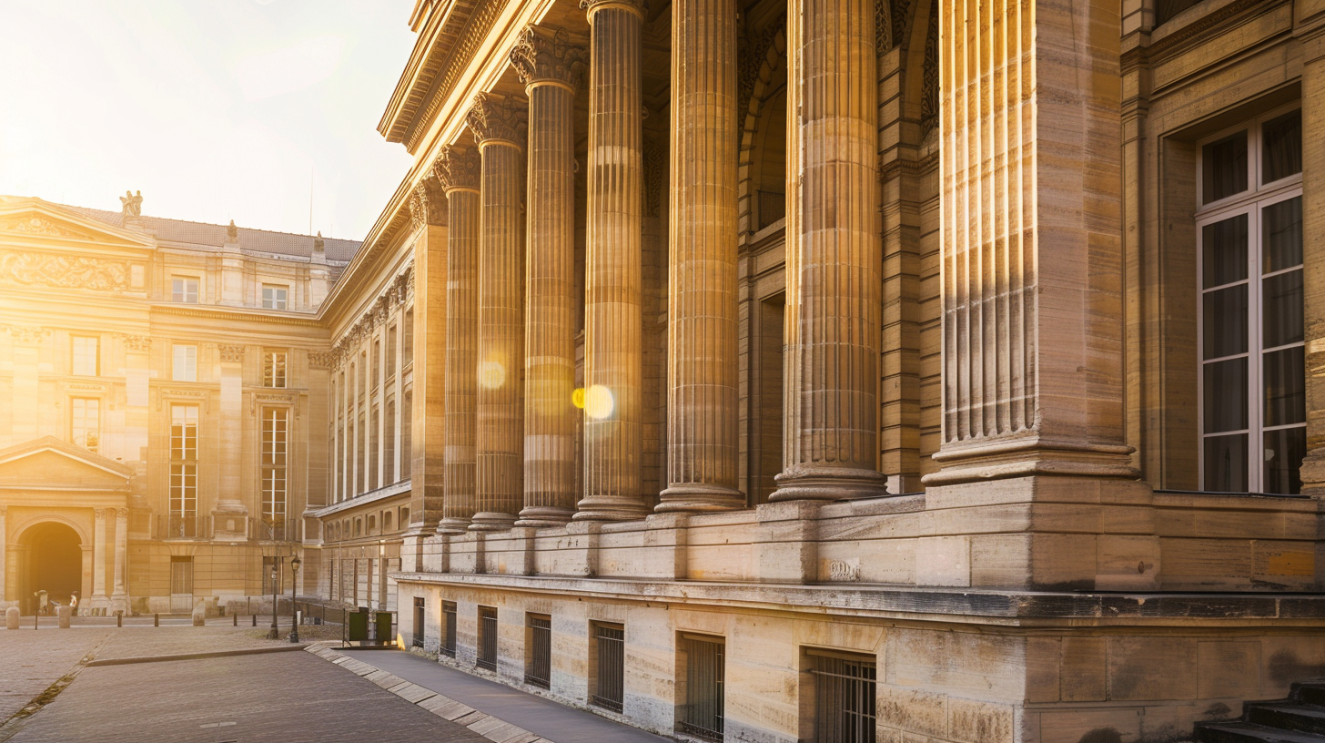 Façade d'un bâtiment institutionnel français au coucher du soleil illustrant le débat parlementaire sur les casinos en ligne