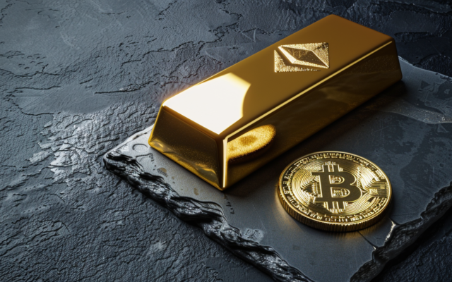 Lingot d'or et pièce Bitcoin physique sur surface sombre illustrant la comparaison entre les deux actifs refuges