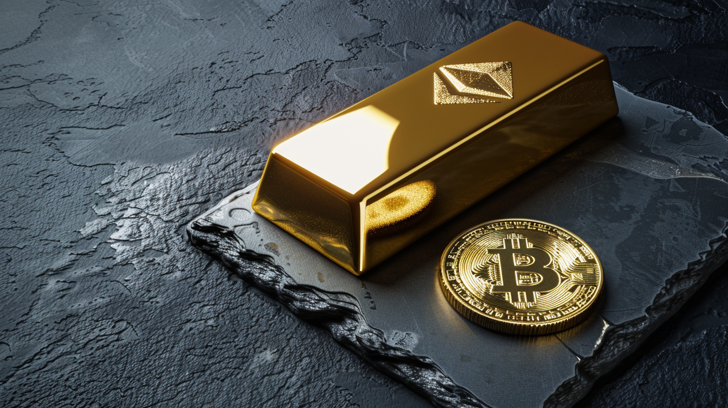 Lingot d'or et pièce Bitcoin physique sur surface sombre illustrant la comparaison entre les deux actifs refuges