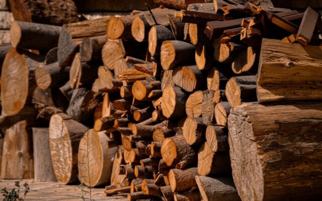 Bûches de bois empilées séchant au soleil, illustration de l'achat de bois de chauffage en été pour économiser.